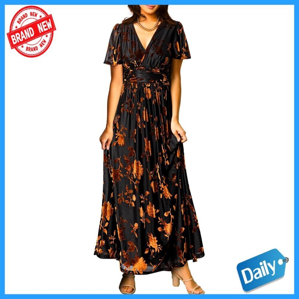 Velvet Maxi Dress V Neck Short Sleeve Empire Waist Formal Wedding Guest